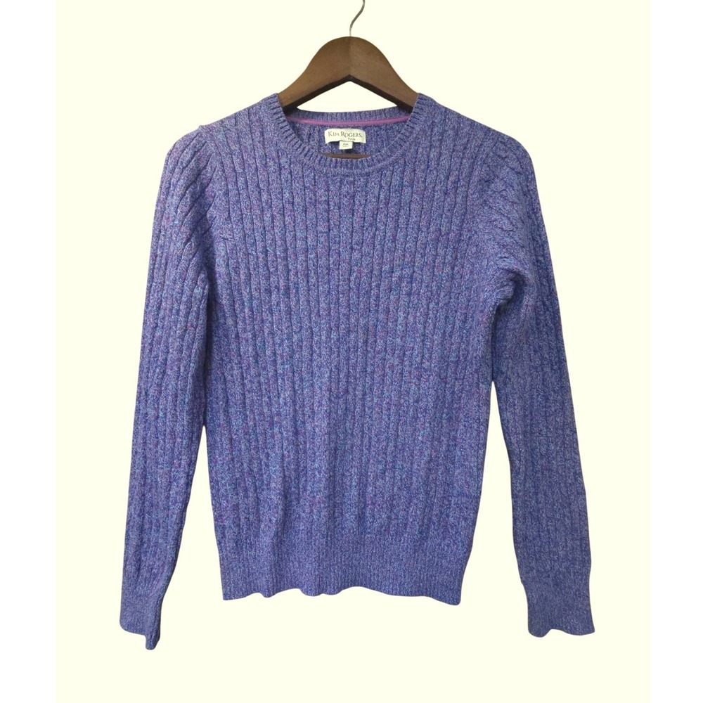 Kim Rogers Petite Purple Marled Cable Knit Cotton Crewneck Sweater PM EUC